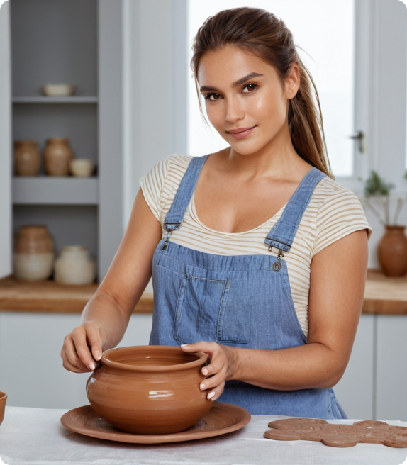 AI-generated portrait of a women preparing clay pots that seems lifelike.