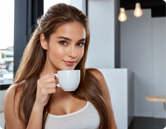 AI-powered infulencer women with cup of tea smiling, looking realistic and gorgeous.